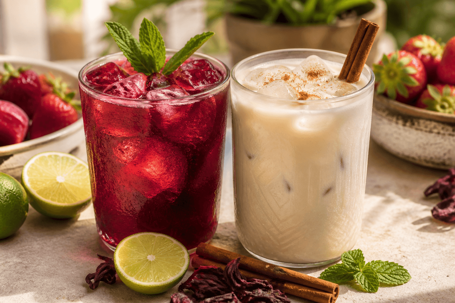 Hibiscus agua fresca and horchata in glasses