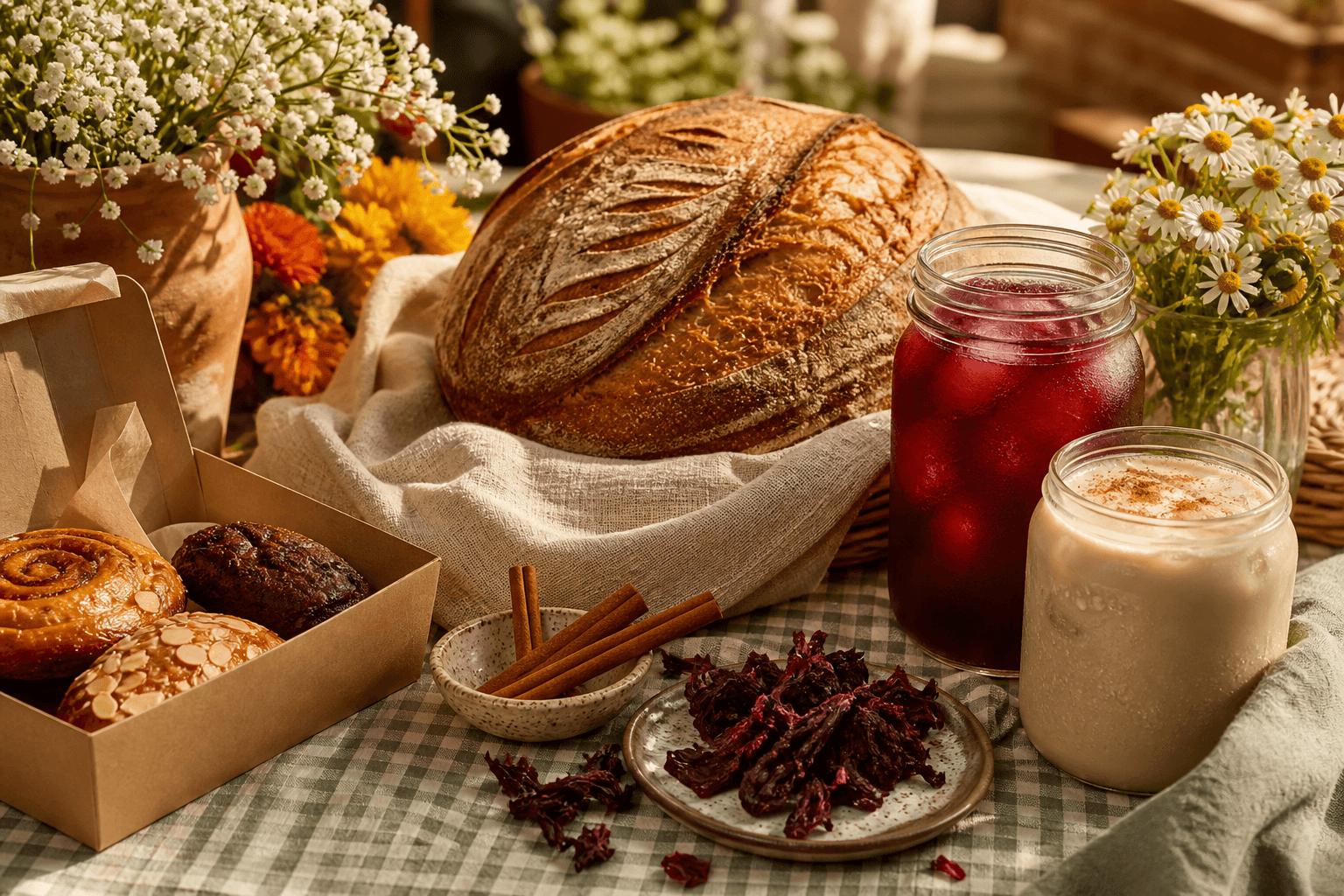 Sourdough, aguas frescas, coffee, and pastries on a table