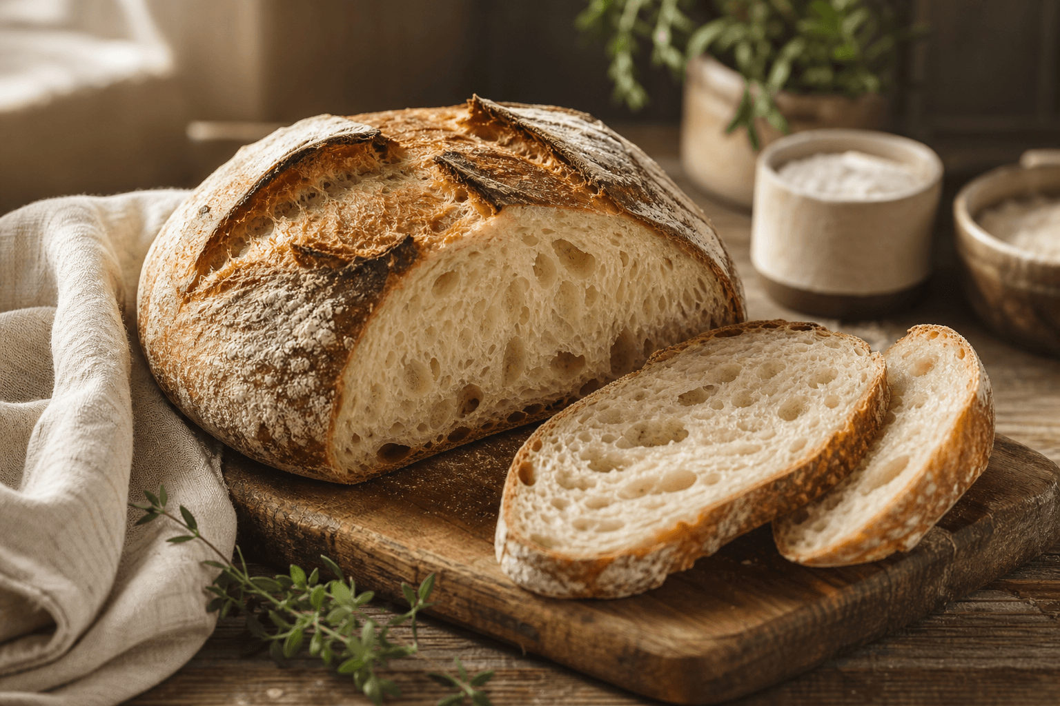 Sliced sourdough bread on a bakery table