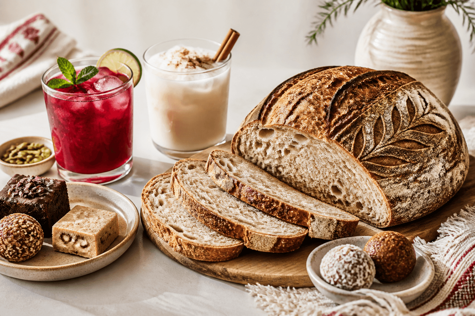 Sourdough bread and aguas frescas on a table